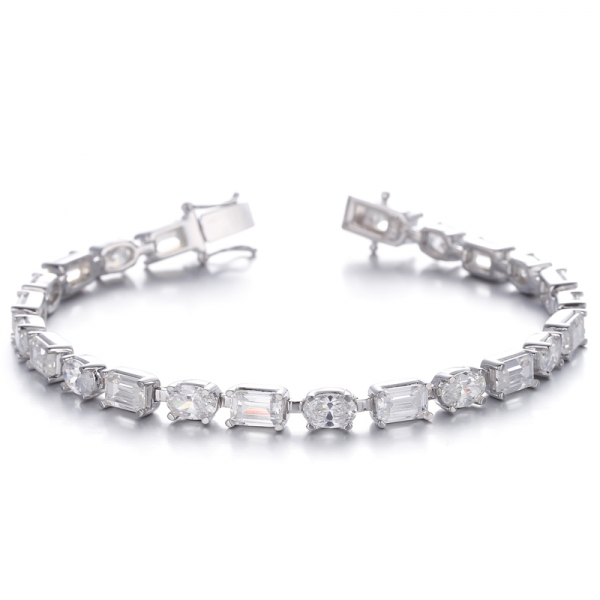 Emerald Cut And Oval Shape Diamond G Cubic Zircon Rhodium Silver Bracelet 