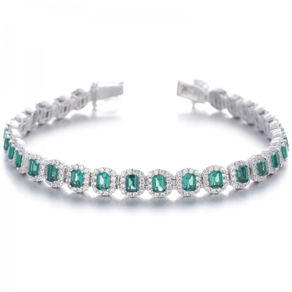 Emerald Cut Green Nano And Round White Cubic Zircon Rhodium Silver Bracelet 