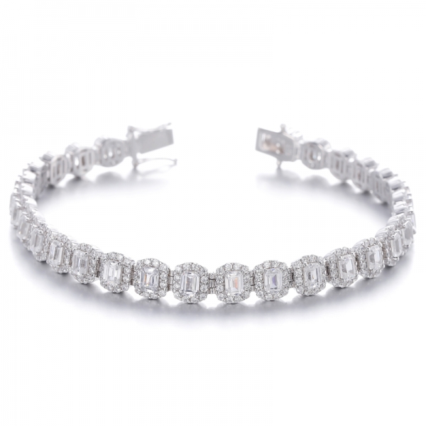 Emerald Cut Green Nano And Round White Cubic Zircon Rhodium Silver Bracelet 