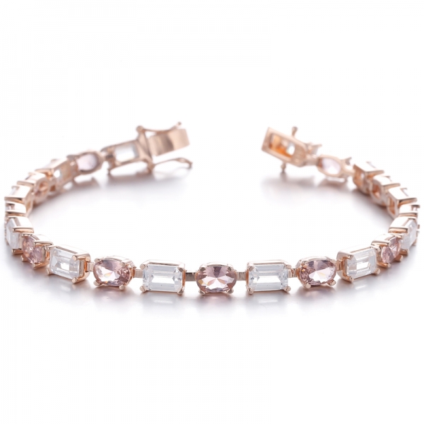 Emerald Cut And Oval Shape Diamond G Cubic Zircon Rhodium Silver Bracelet 