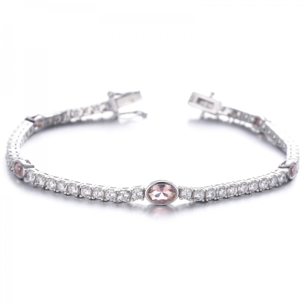 Oval Shape Morganite Nano And Round White Cubic Zircon Rhodium Silver Bracelet 