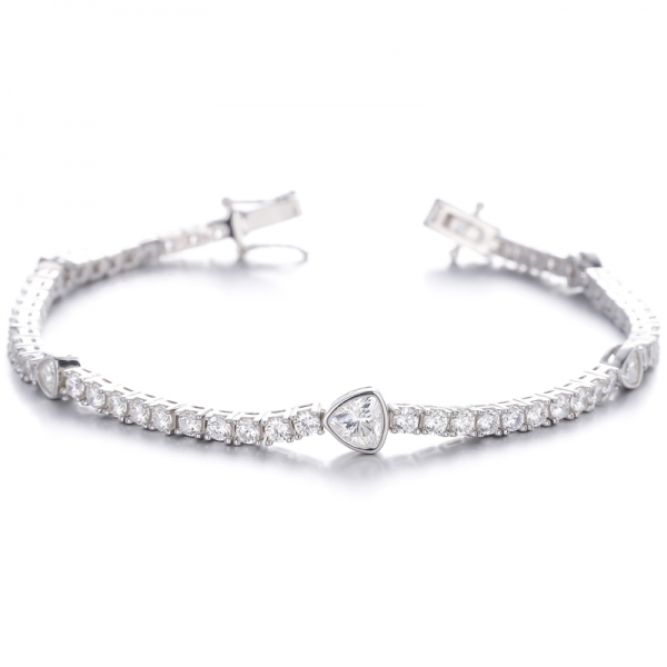 Trillion Diamond G Color And Round White Cubic Zircon Rhodium Silver Bracelet 