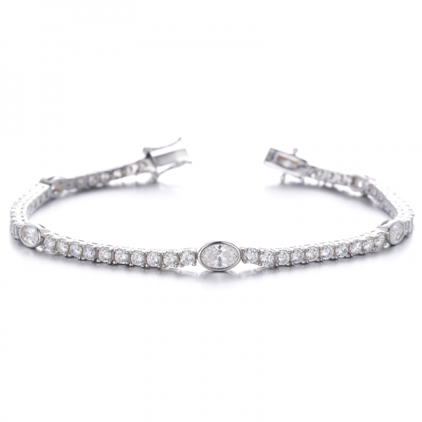 Oval Shape Morganite Nano And Round White Cubic Zircon Rhodium Silver Bracelet 