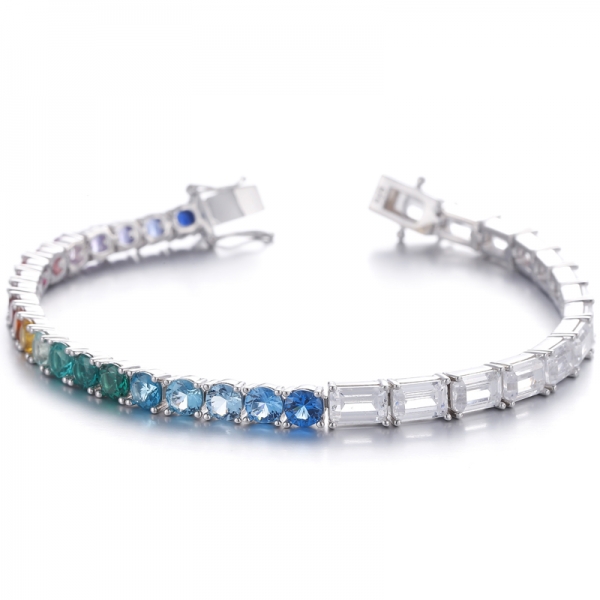 Round Rainbow Color And Emerald Cut White Cubic Zircon Rhodium Silver Bracelet 