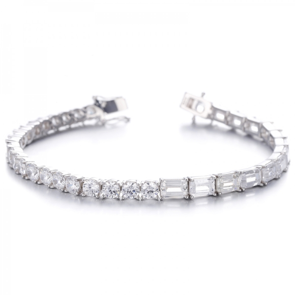 Round Rainbow Color And Emerald Cut White Cubic Zircon Rhodium Silver Bracelet 