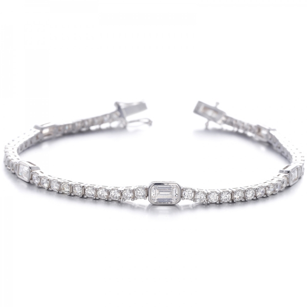 Emerald Cut Diamond G And Round White Cubic Zircon Rhodium Silver Bracelet 