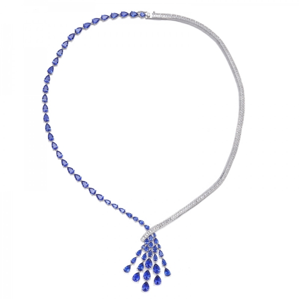 Pear Shape Blue Nano And Baguette White Cubic Zircon Rhodium Silver Necklace 