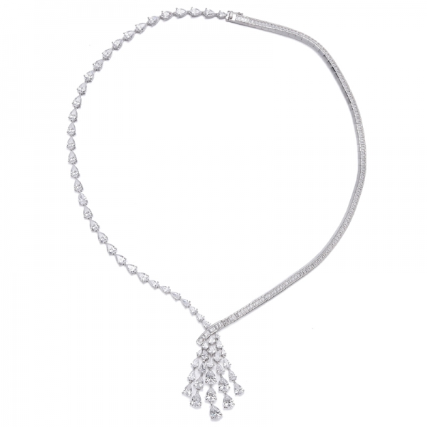 Pear Shape Blue Nano And Baguette White Cubic Zircon Rhodium Silver Necklace 