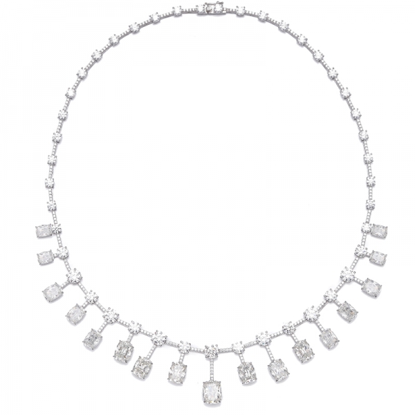 Cushion And Round Tanzanite Cubic Zircon Rhodium Silver Necklace 