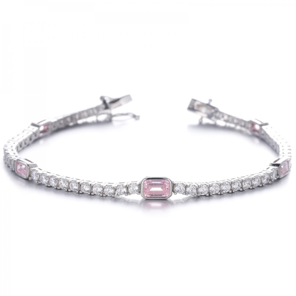 Emerald Cut Diamond G And Round White Cubic Zircon Rhodium Silver Bracelet 