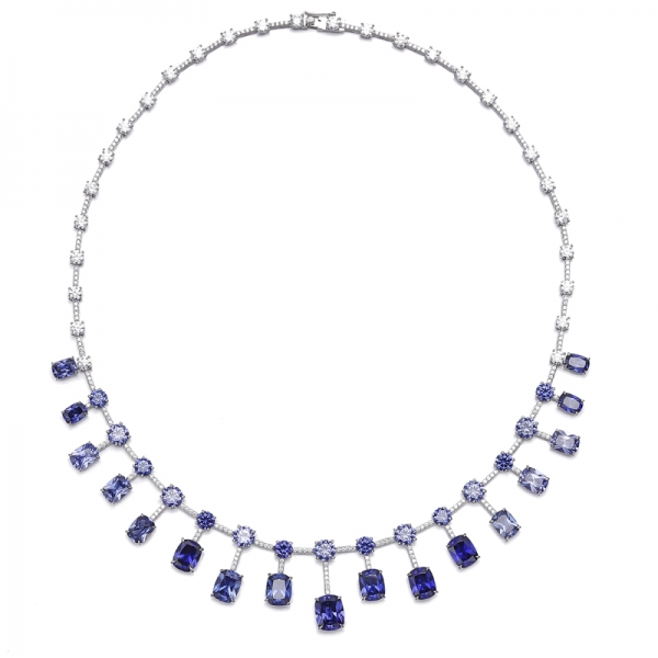 Cushion And Round Tanzanite Cubic Zircon Rhodium Silver Necklace 
