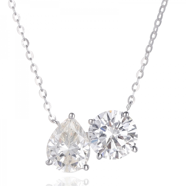 Pear Shape Diamond Yellow And Round White Cubic Zircon Rhodium Silver Necklace 