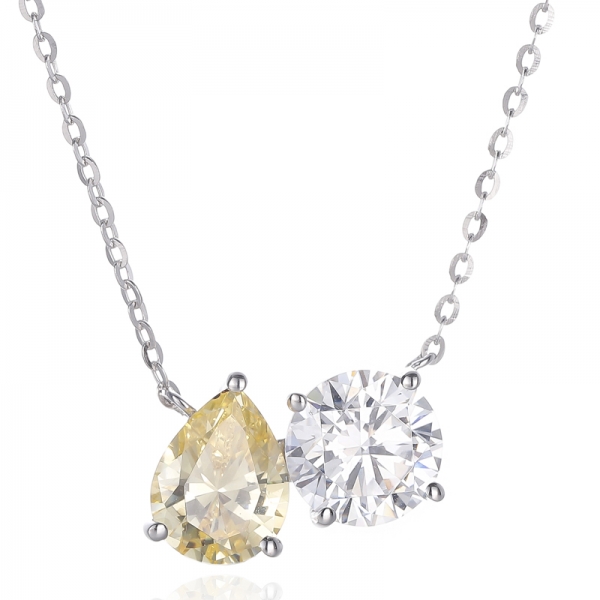 Pear Shape Diamond Yellow And Round White Cubic Zircon Rhodium Silver Necklace 