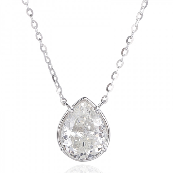 Pear Shape Diamond G And Round White Cubic Zircon Rhodium Silver Necklace 