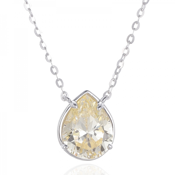 Pear Shape Diamond G And Round White Cubic Zircon Rhodium Silver Necklace 