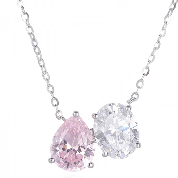 Pear Shape And Oval Shape Diamond G Cubic Zircon Rhodium Silver Necklace 
