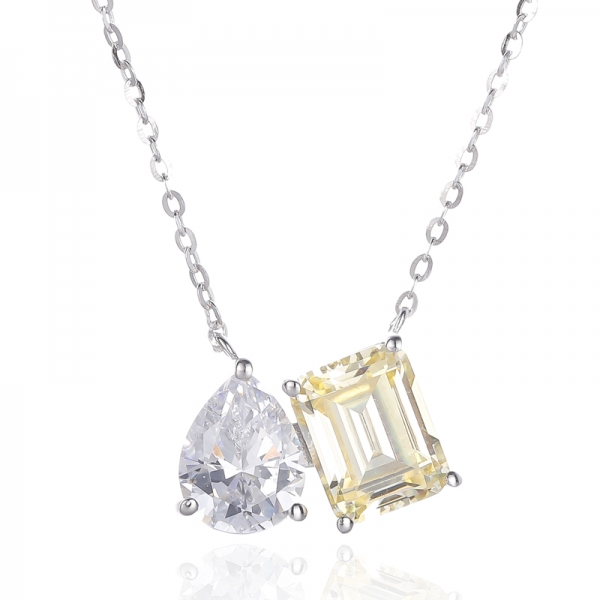 Pear Shape And Emerald Cut Diamond G Cubic Zircon Rhodium Silver Necklace 
