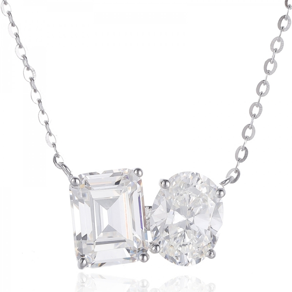 Oval Shape Tanzanite And Emerald Cut White Cubic Zircon Rhodium Silver Necklace 