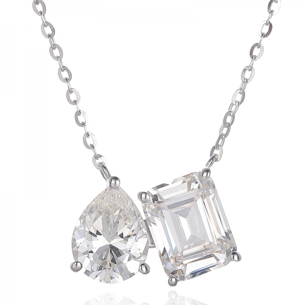 Pear Shape And Emerald Cut Diamond G Cubic Zircon Rhodium Silver Necklace 