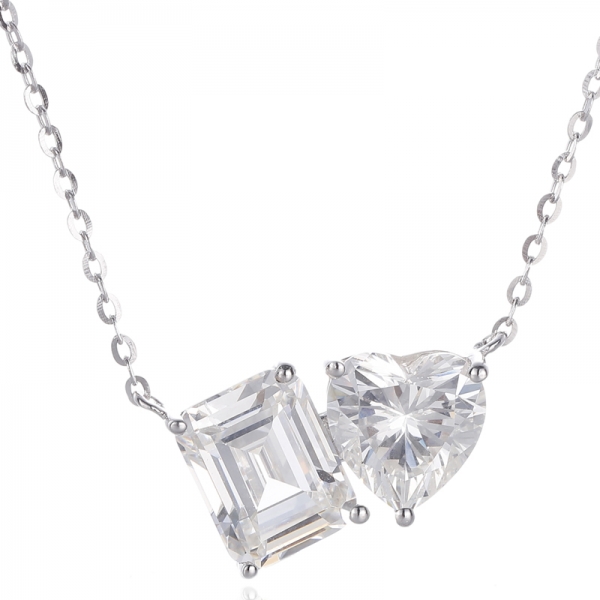 Heart Shape Diamond Pink And Emerald Cut White Cubic Zircon Rhodium Silver Necklace 