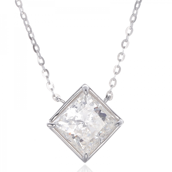 Square Diamond Pink And Round White Cubic Zircon Rhodium Silver Necklace 