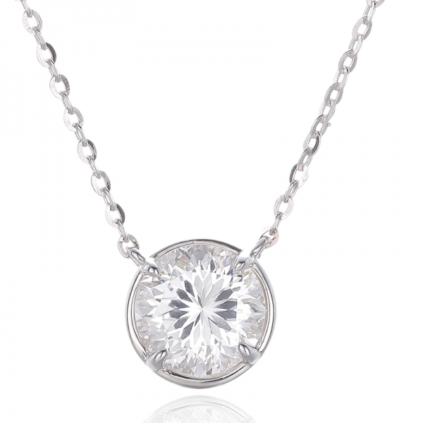 Round Blue Corundum And White Cubic Zircon Rhodium Silver Necklace 