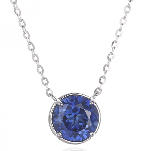 Round Blue Corundum And White Cubic Zircon Rhodium Silver Necklace 