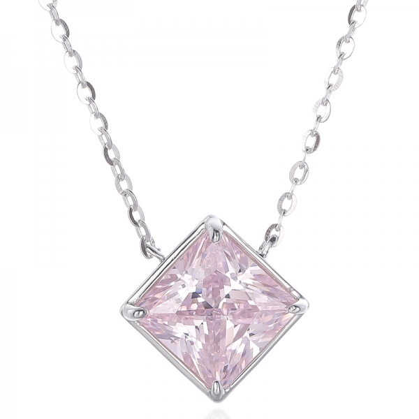 Square Diamond Pink And Round White Cubic Zircon Rhodium Silver Necklace 