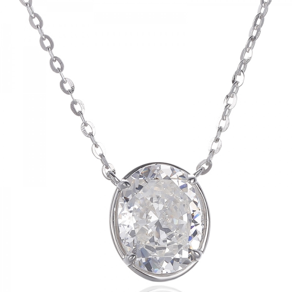 Oval Shape Diamond G And Round White Cubic Zircon Rhodium Silver Necklace 