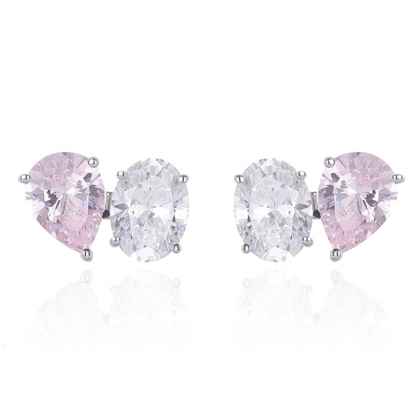 Pear Shape And Oval Shape Diamond G Cubic Zircon Rhodium Silver Earring 