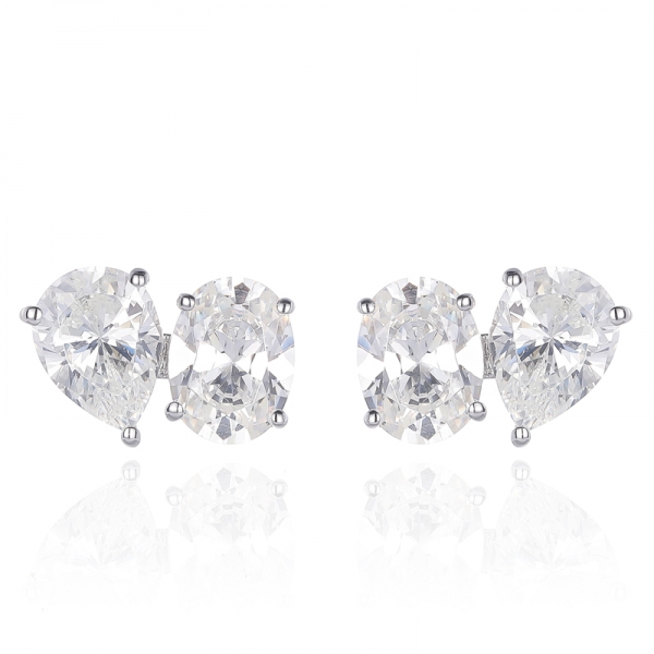 Pear Shape And Oval Shape Diamond G Cubic Zircon Rhodium Silver Earring 