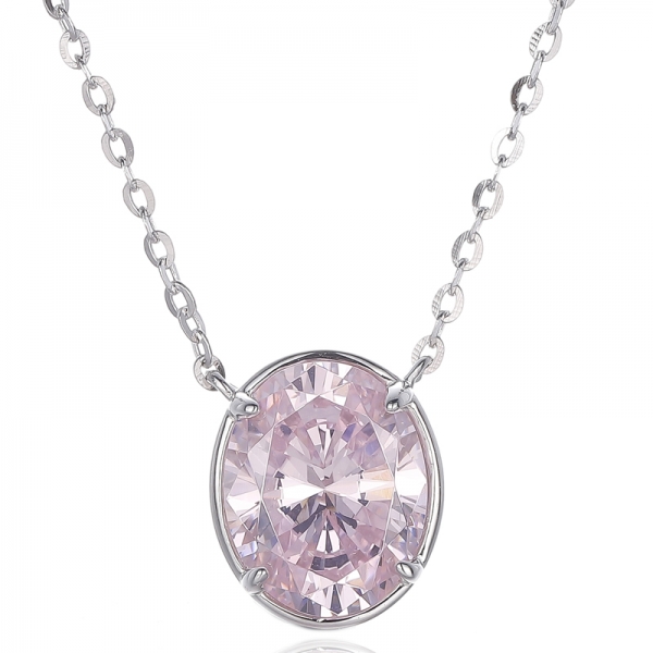 Oval Shape Diamond G And Round White Cubic Zircon Rhodium Silver Necklace 