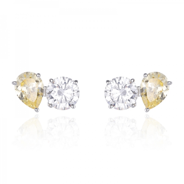 Pear Shape Diamond Yellow And Round White Cubic Zircon Rhodium Silver Earring 
