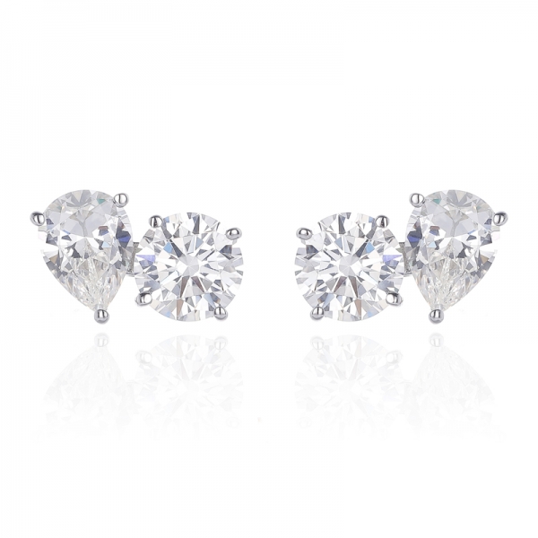 Pear Shape Diamond Yellow And Round White Cubic Zircon Rhodium Silver Earring 
