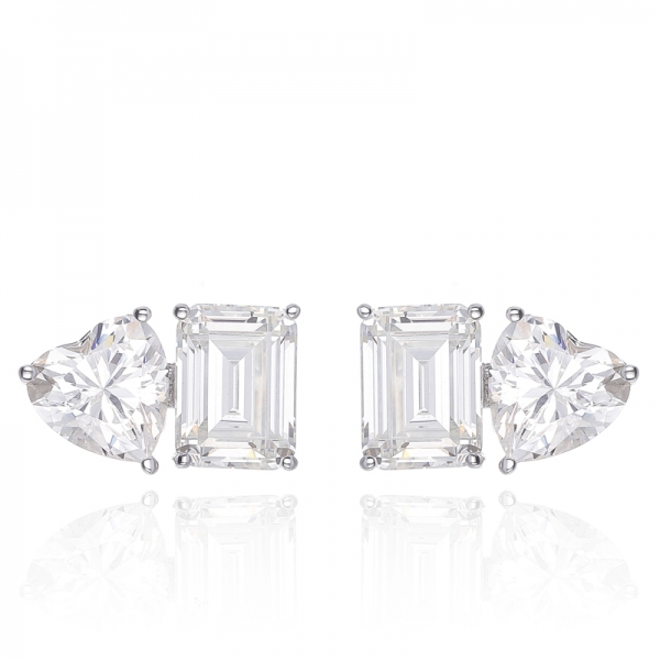 Heart Shape Diamond Pink And Emerald Cut White Cubic Zircon Rhodium Silver Earring 