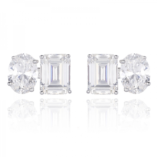 Oval Shape And Emerald Cut Diamond G Cubic Zircon Rhodium Silver Earring 
