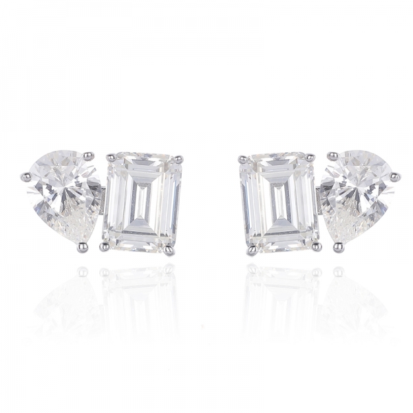Pear Shape And Emerald Cut Diamond G Cubic Zircon Rhodium Silver Earring 