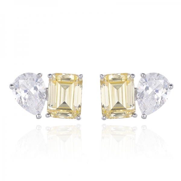 Pear Shape And Emerald Cut Diamond G Cubic Zircon Rhodium Silver Earring 