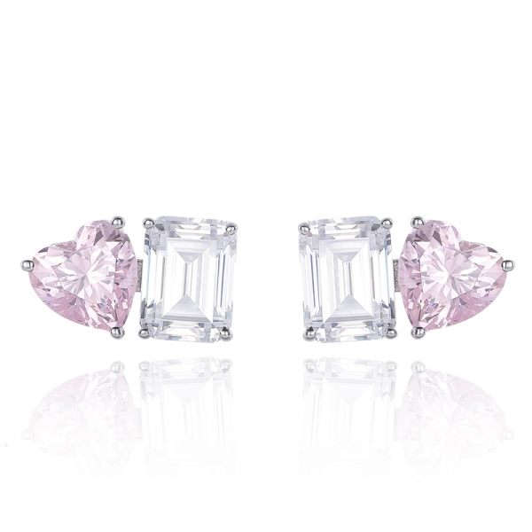 Heart Shape Diamond Pink And Emerald Cut White Cubic Zircon Rhodium Silver Earring 