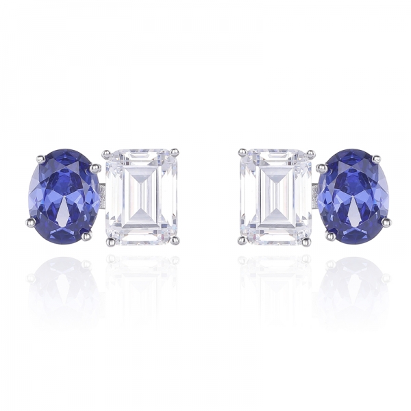 Oval Shape And Emerald Cut Diamond G Cubic Zircon Rhodium Silver Earring 