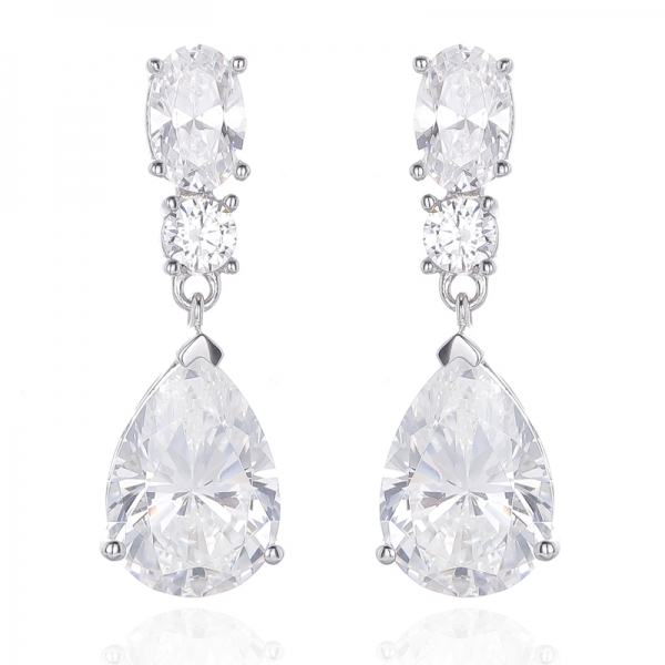 Pear Shape And Oval Shape Diamond G Cubic Zircon Rhodium Plating Silver Earring 