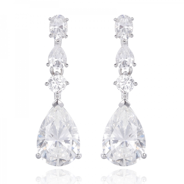 Pear Shape Blue Nano And Oval Shape White Cubic Zircon Rhodium Silver Earring 