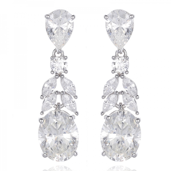 Oval Shape And Pear Shape Diamond G Cubic Zircon Rhodium Silver Earring 