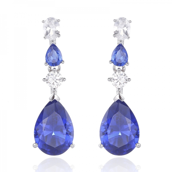 Pear Shape Blue Nano And Oval Shape White Cubic Zircon Rhodium Silver Earring 