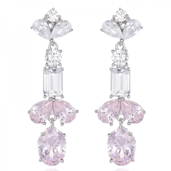 Oval Shape And Pear Shape Diamond Pink Cubic Zircon Rhodium Silver Earring 
