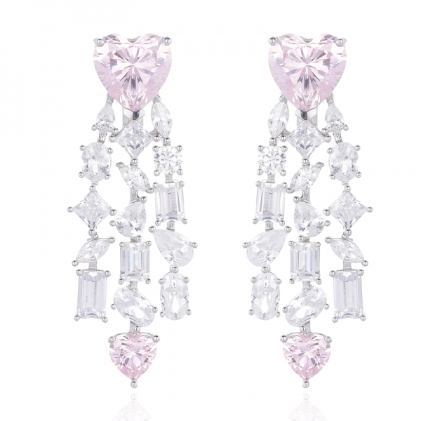 Heart Shape And Emerald Cut Diamond G Cubic Zircon Rhodium Silver Earring 