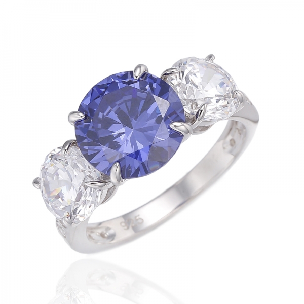 925 Round Tanzanite And White Cubic Zircon Rhodium Silver Ring 