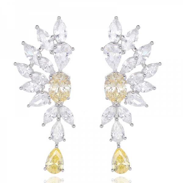 Oval Shape Diamond Yellow And Pear Shape Golden Cubic Zircon Rhodium Silver Earring 