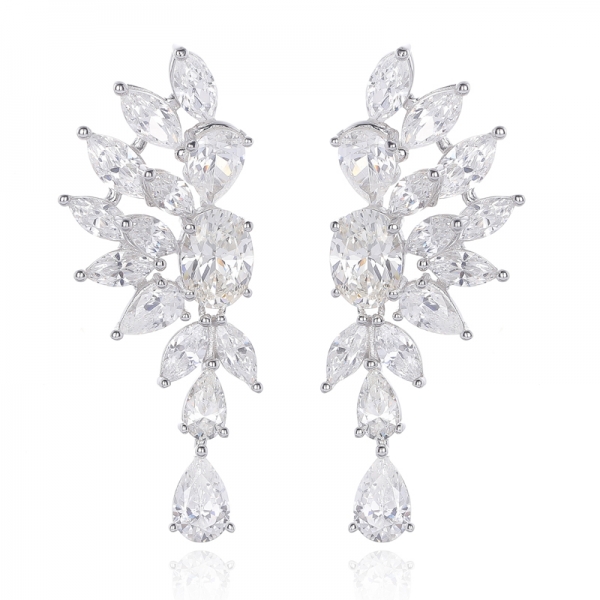 Oval Shape Diamond Yellow And Pear Shape Golden Cubic Zircon Rhodium Silver Earring 
