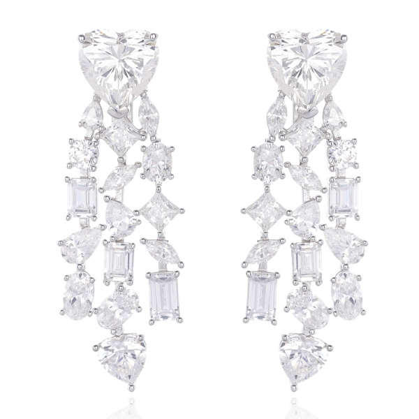 Heart Shape And Emerald Cut Diamond G Cubic Zircon Rhodium Silver Earring 